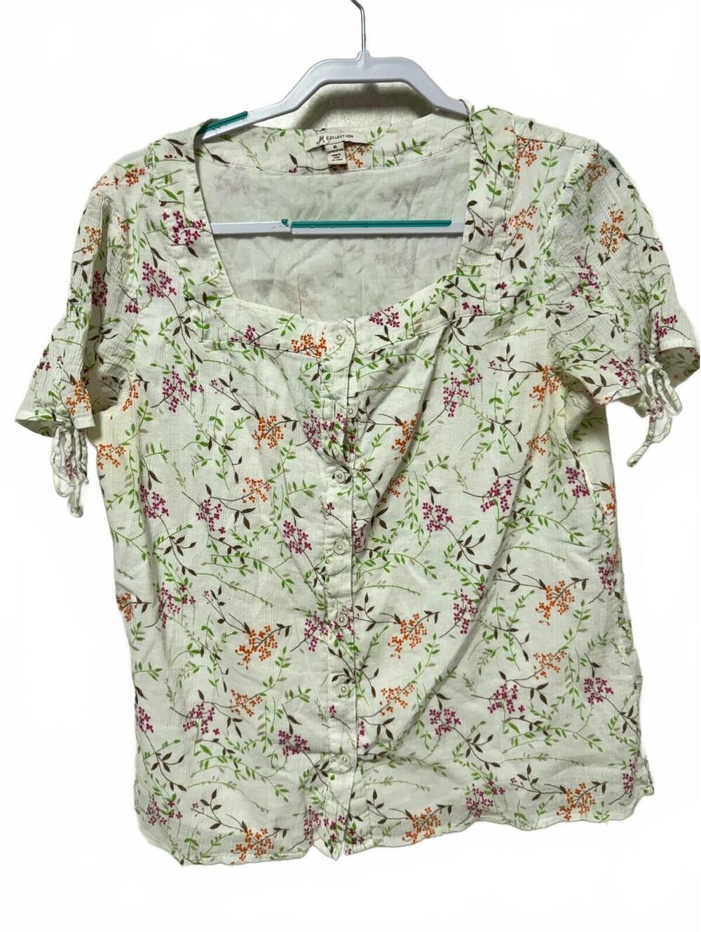 JM Collection Floral Short Sleeve Button Front Top Size 16 White